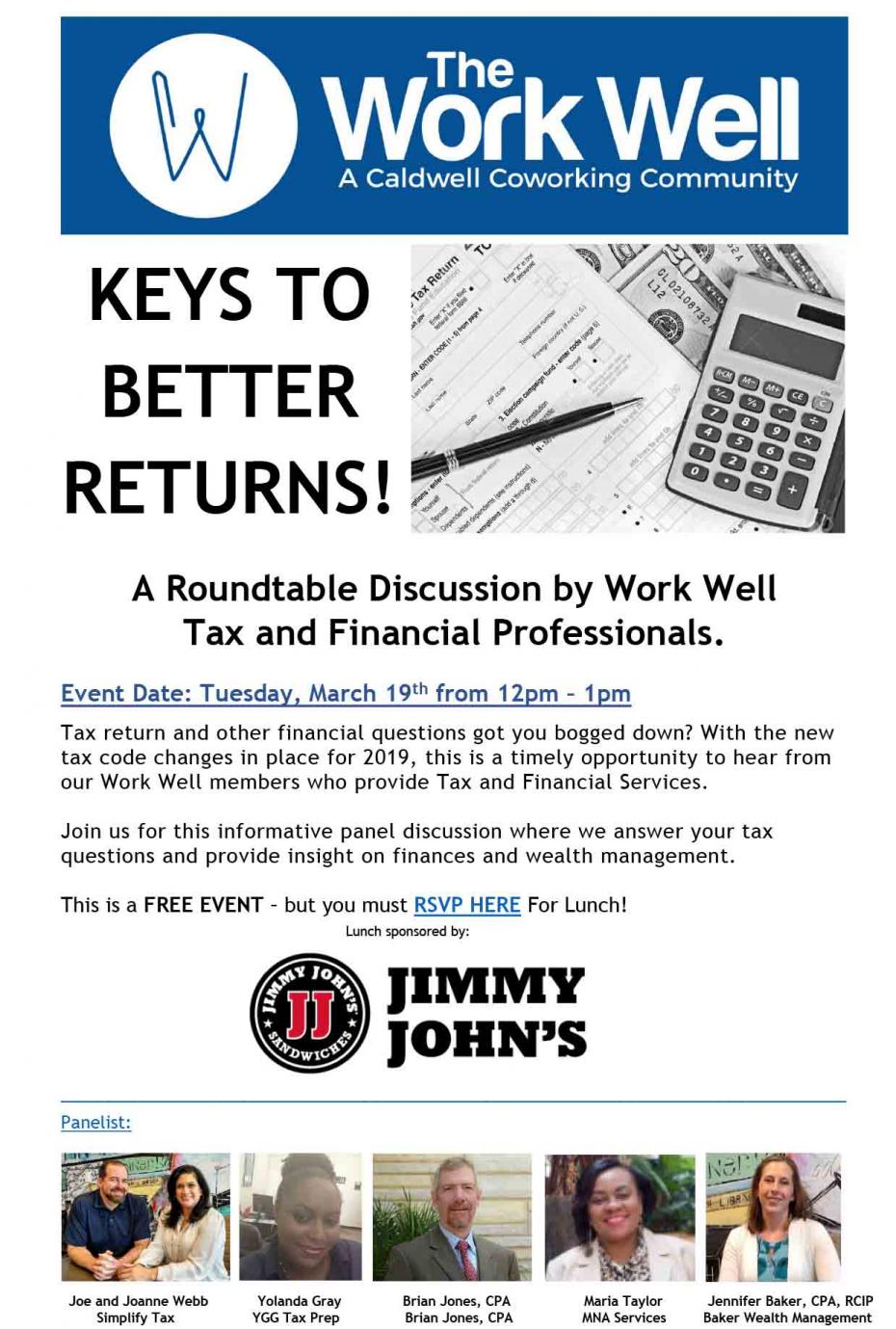 FREE Tax Prep / Financial Planning Lunch and Learn – March 19 at Noon